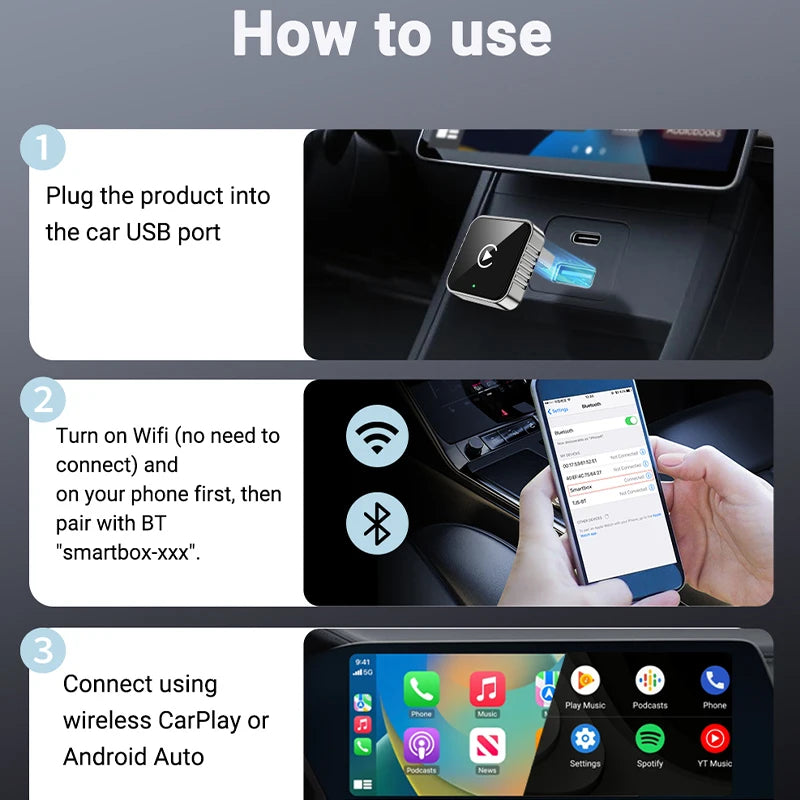 Super Mini Wireless CarPlay & Android Auto Adapter – 2-in-1 AI Box (5GHz WiFi)